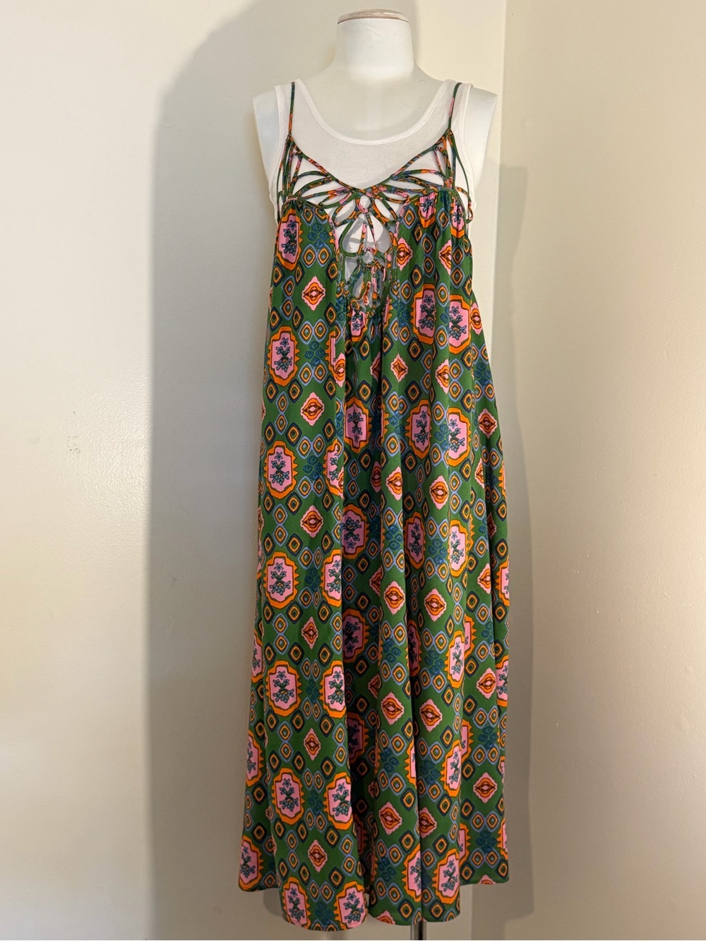 Anthropologie Green Maxi Dress with Pink & Orange Geometric Print